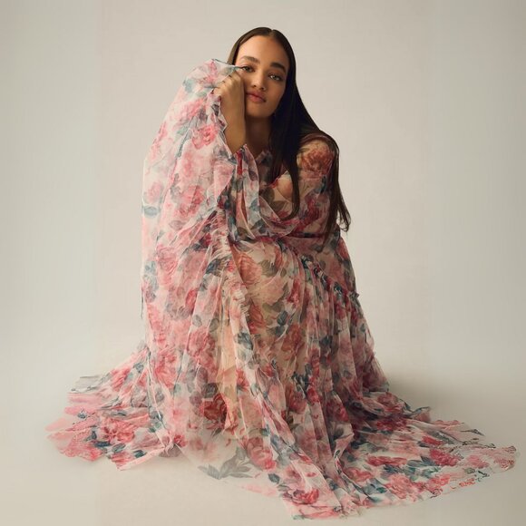 Mac Duggal 11405 Womens High Neck Long Balloon Sleeve Tiered Tulle Midi Dress - Picture 3 of 4